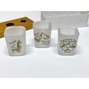 Peru Souvenir Shot Glass Set, new in box Frosted Glass Etched Gold Machu Picchu